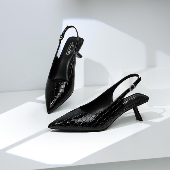 Black Croc Pointed Toe Leather Low Heel Slingback Heels with Buckle Dress Shoe - Picture 4 of 9